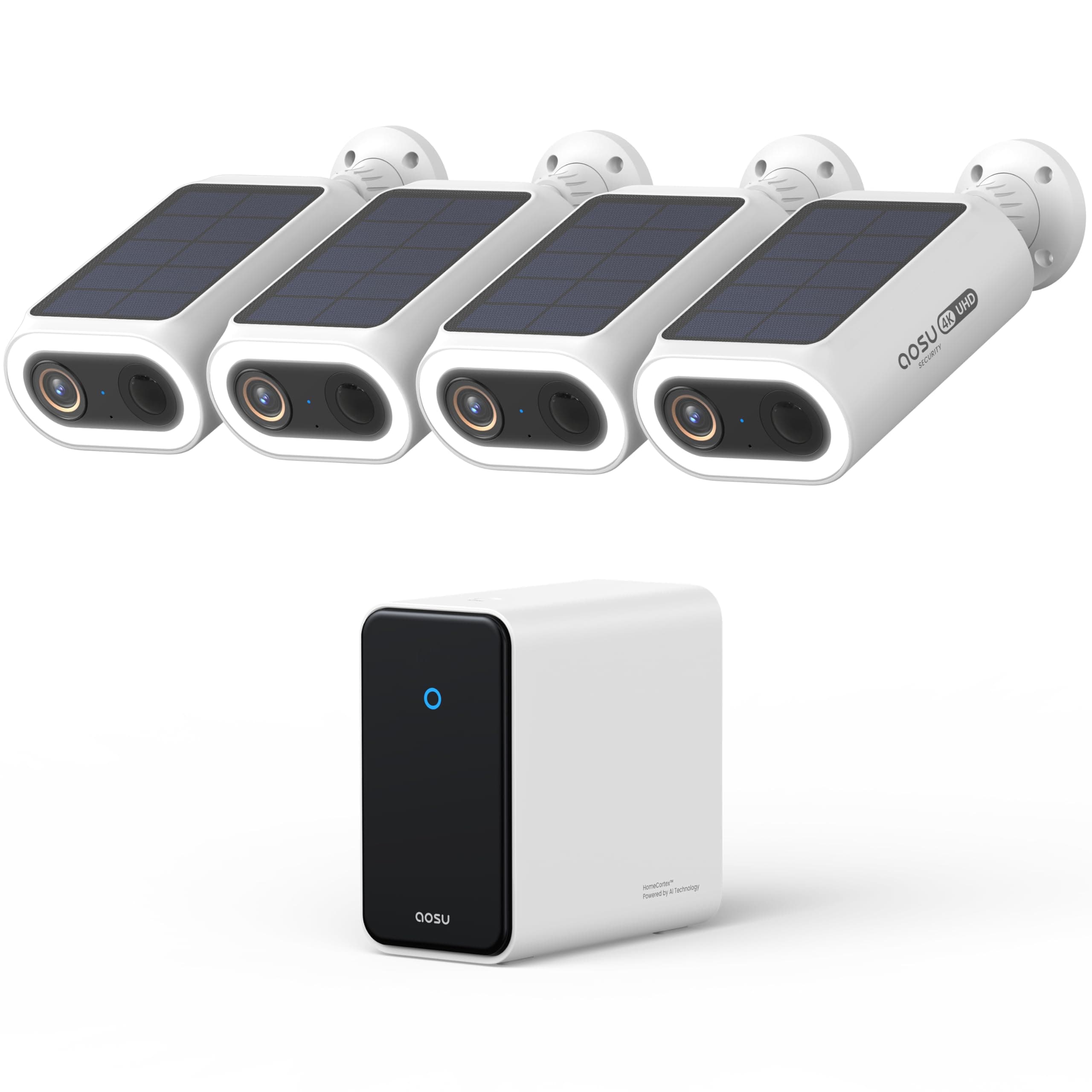 AOSU 4K UHD KI Überwachungskamera Aussen Solar Akku 4er Kit mit HomeCortex【Smartest Gesichtserkennung, Verhalten Analyse】 Person/Auto/Tier-Erkennung 32GB Lokal & 16TB Erweiterbar Farb-Nachtsicht IP65 4-Cam Kit mit HomeCortex