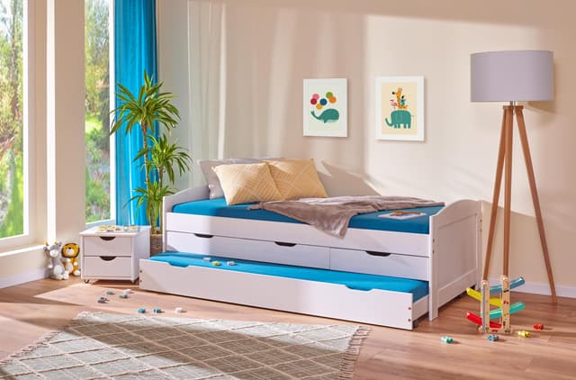 Inter Link - Funktionsbett - Kinderbett - Einzelbett mit Stauraum - Bett mit Schubladen - 2 Liegeflächen 90x200cm - Kiefer massivholz - inkl. Lattenrost - Weiß lackiert - Ulli 90x200cm 4 Schubladen 90x200 cm Weiß