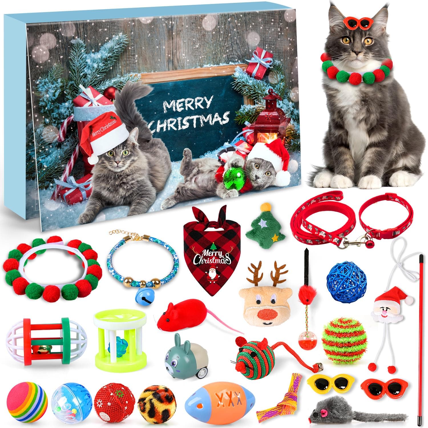 iZoeL Adventskalender für Katze 2025 Weihnachtskalender 24 Katzenspielzeuge Katzenhalsband Spielzeugmäuse Katzen Weihnachten Geschenk Katzenliebhaber Wiederverwendbar Adventskalender Geschenke
