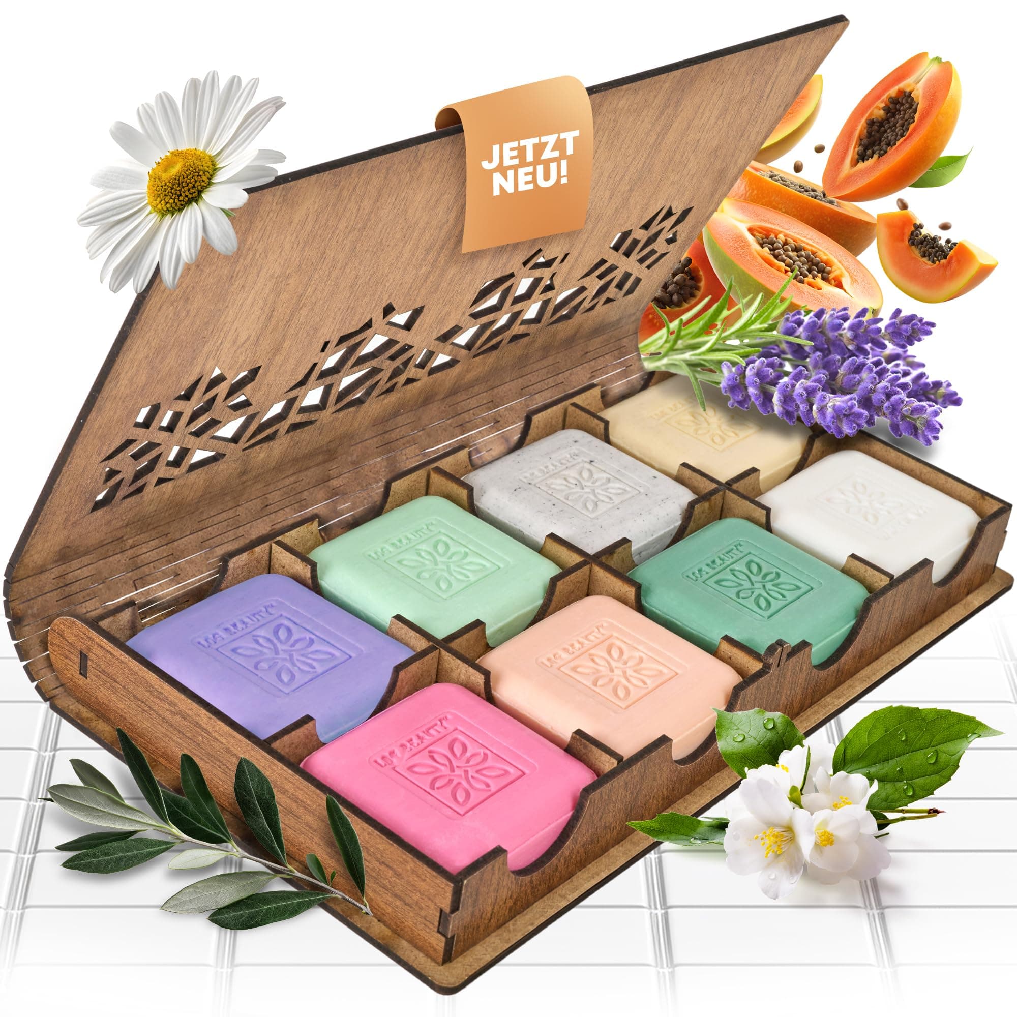 LOG-Beauty - Geschenke für Frauen - 8x80g kaltgepresste Handseife in eleganter Holzbox - duftende Wellness Geschenkidee - Duschseife - Seife Stück - Seife fest - Duschseife