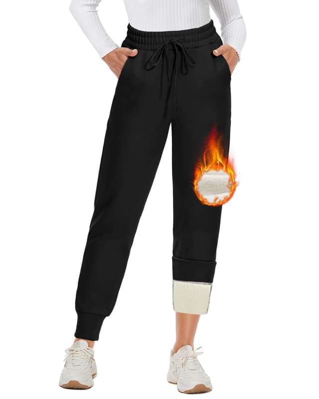 DDOBB Thermohose Damen Winter Gefütterte Jogginghose Warm Fleecehose Mit Taschen Verdickte Sportleggins Kordelzug Laufhose Trainingshose Wanderhose Sweatpants Freizeit Outdoor Hosen Schwarz L