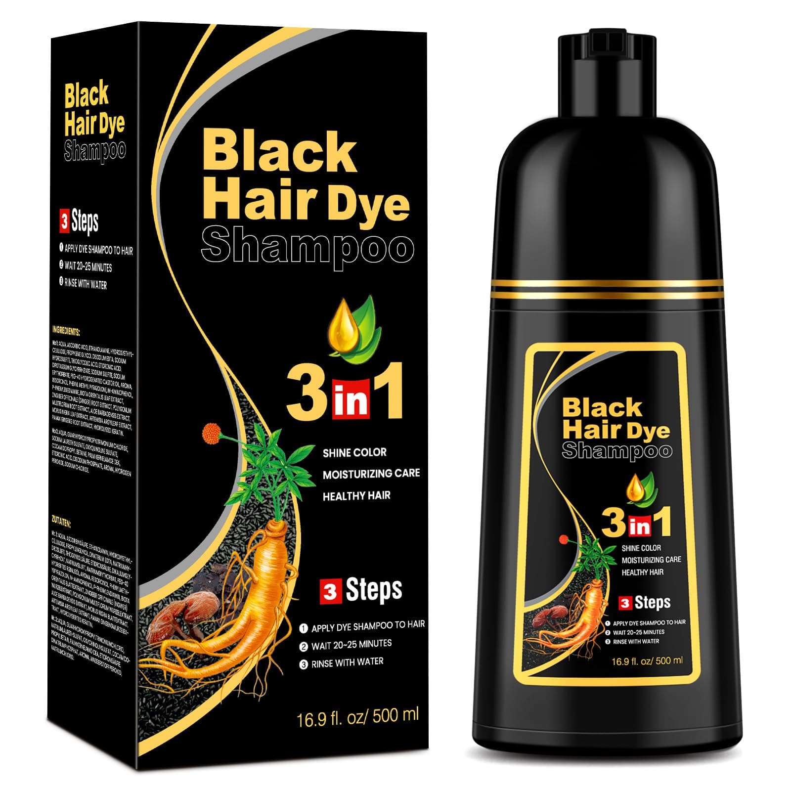 Black Hair Dye Shampoo, Haarfarbe Schwarz Haarfärbeshampoo 3 in 1 für Männer und Frauen, Color Shampoo Gegen Graue Haare (500 ml)