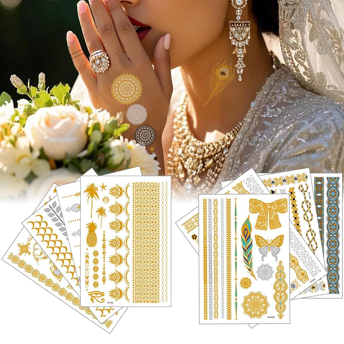 Amacoam Festival Tattoos Gold Tattos 8 Blätter Festival Gadget Tattoos Golden Metallic Flash Wasserdichte Temporäre für fasching und Party Accessoire