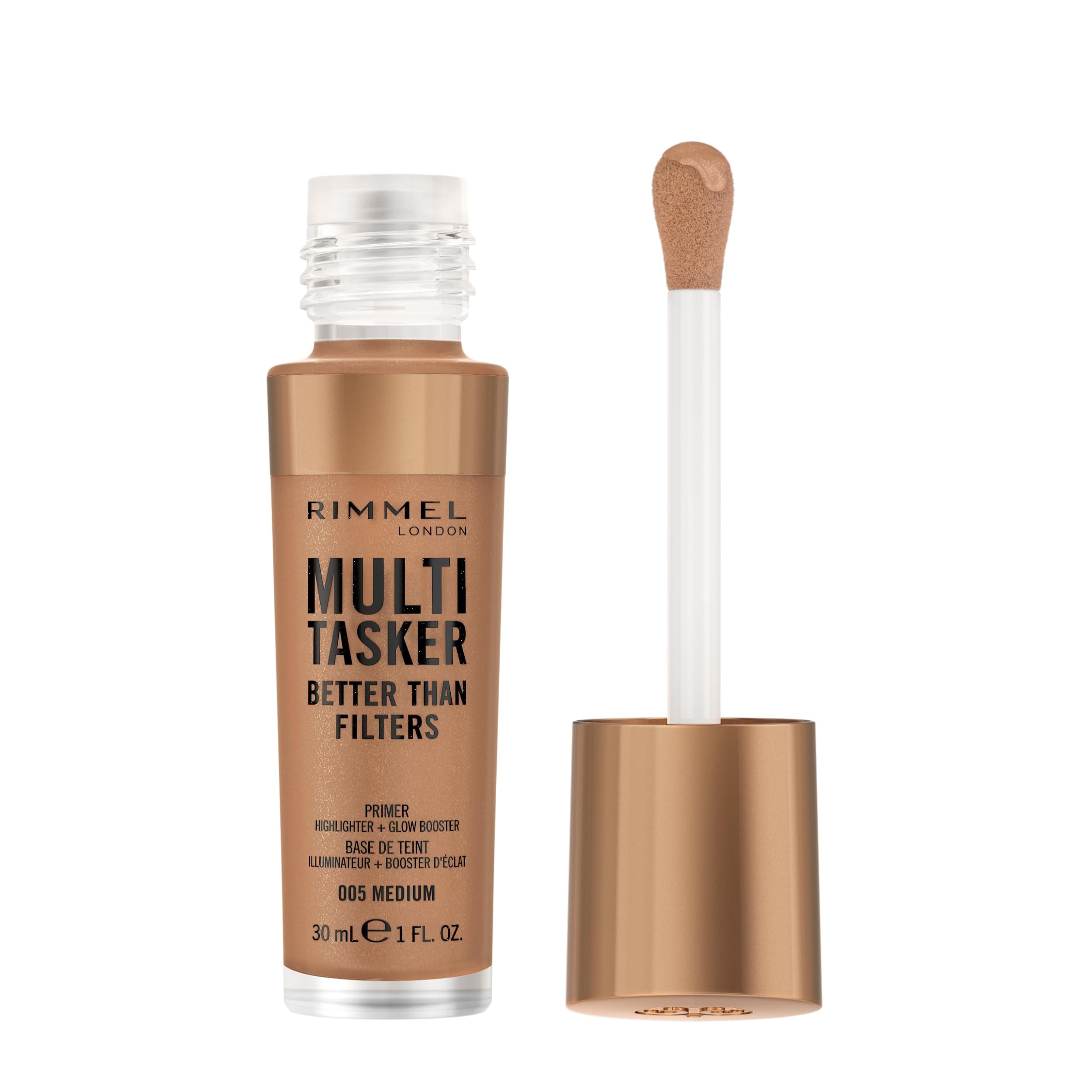 Rimmel Multi-Tasker Better Than Filters, 005 Medium, Foundation, Glanzverstärker und Highlighter, vegane Formel, leicht, lichtreflektierende Pigmente, großer weicher Applikator, 30 ml