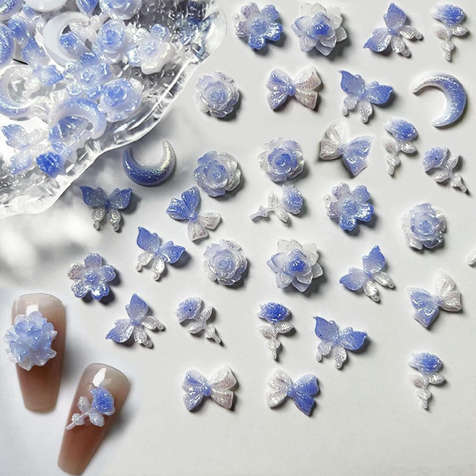 50 Stück Mischen Nagel Charms Dekorations, 3D Nagel Charms Nägel Zubehör Nageldesign Glitzersteine Nailart Strasssteine Blume Schleifen Mond Nail Charms Luminous