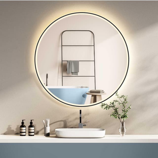 HOKO Wandspiegel Rund 80cm Badspiegel Beleuchtung mit Anti-Fog+Rahmen+Touch Schalter Memory+Licht Wechsel 2700-6500K Warmweiß-Kaltweiß-Neutral 80L x 80B cm Schwarz Rund