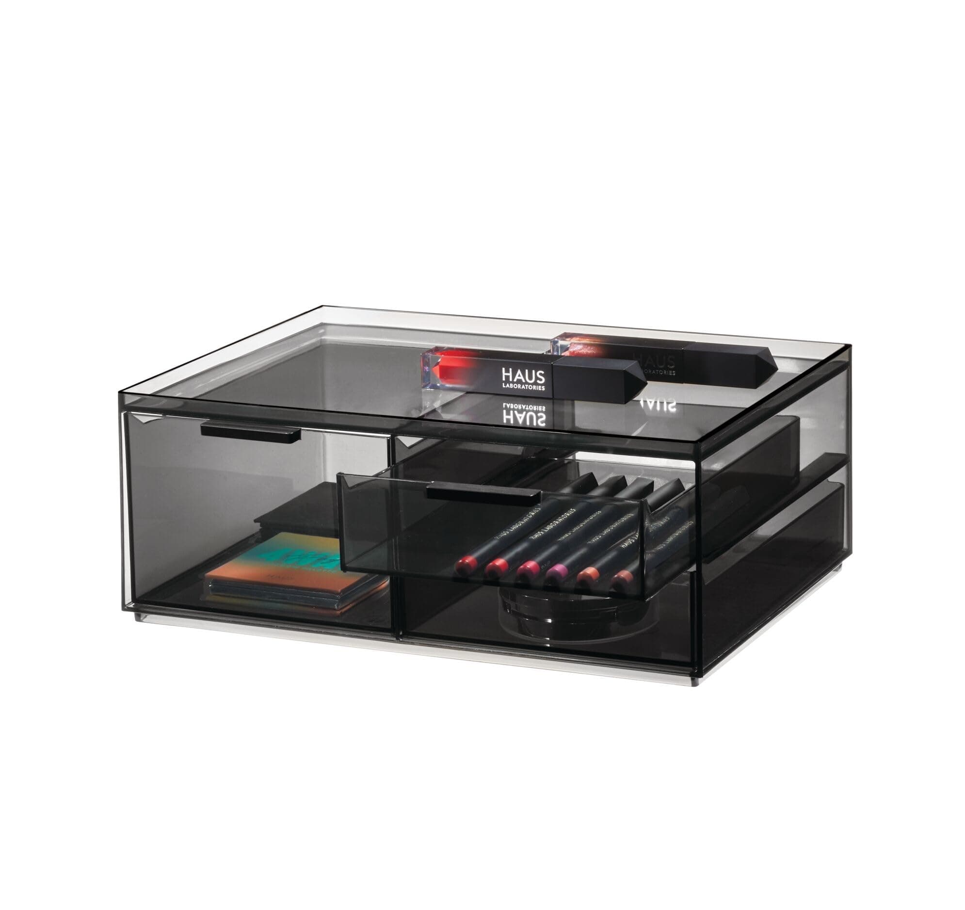 iDesign Make-up Organizer, Schmink Aufbewahrung mit 3 Schubladen aus der Signature Series by Sarah Tanno, Mini Kommode mit Schubladen aus Kunststoff für Make-up und Tools, Grau Make Up Schubladenorganizer - Breit