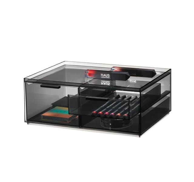 iDesign Make-up Organizer, Schmink Aufbewahrung mit 3 Schubladen aus der Signature Series by Sarah Tanno, Mini Kommode mit Schubladen aus Kunststoff für Make-up und Tools, Grau Make Up Schubladenorganizer - Breit