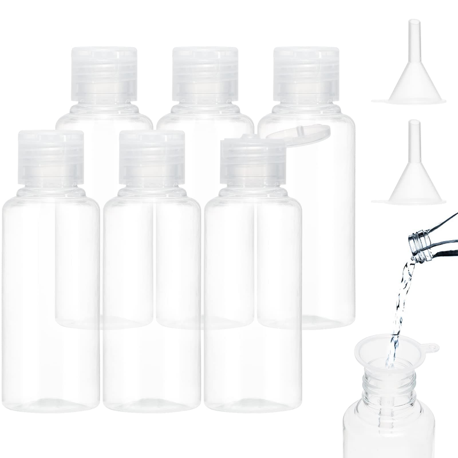 BillyBath Reiseflaschen zum Befüllen 100ml, 6 Stück Liquid Flaschen zum Befüllen mit 2 Kleinem Trichter, Transparente Plastikflaschen Kosmetikflascher Duschgel Behälter Flasche Set für Shampoo Lotion