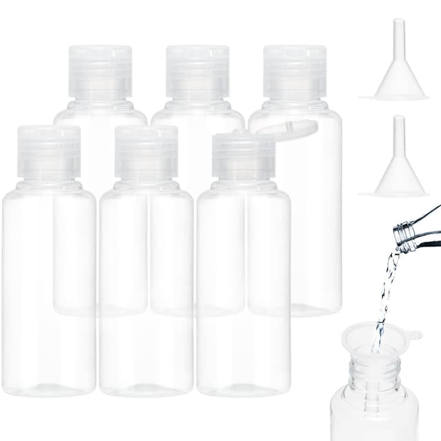 BillyBath Reiseflaschen zum Befüllen 100ml, 6 Stück Liquid Flaschen zum Befüllen mit 2 Kleinem Trichter, Transparente Plastikflaschen Kosmetikflascher Duschgel Behälter Flasche Set für Shampoo Lotion