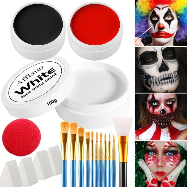 Afflano Groß Weiß Schwarz Rot Gesicht Body Paint, Joker Zombie Vampir Clown Makeup Kit,Skelett Halloween Makeup für Erwachsene, Oil Based Face Painting Kit Mit Pinsel +Clown Nase+Schwämme 20stk Red black white face paint 20 kit