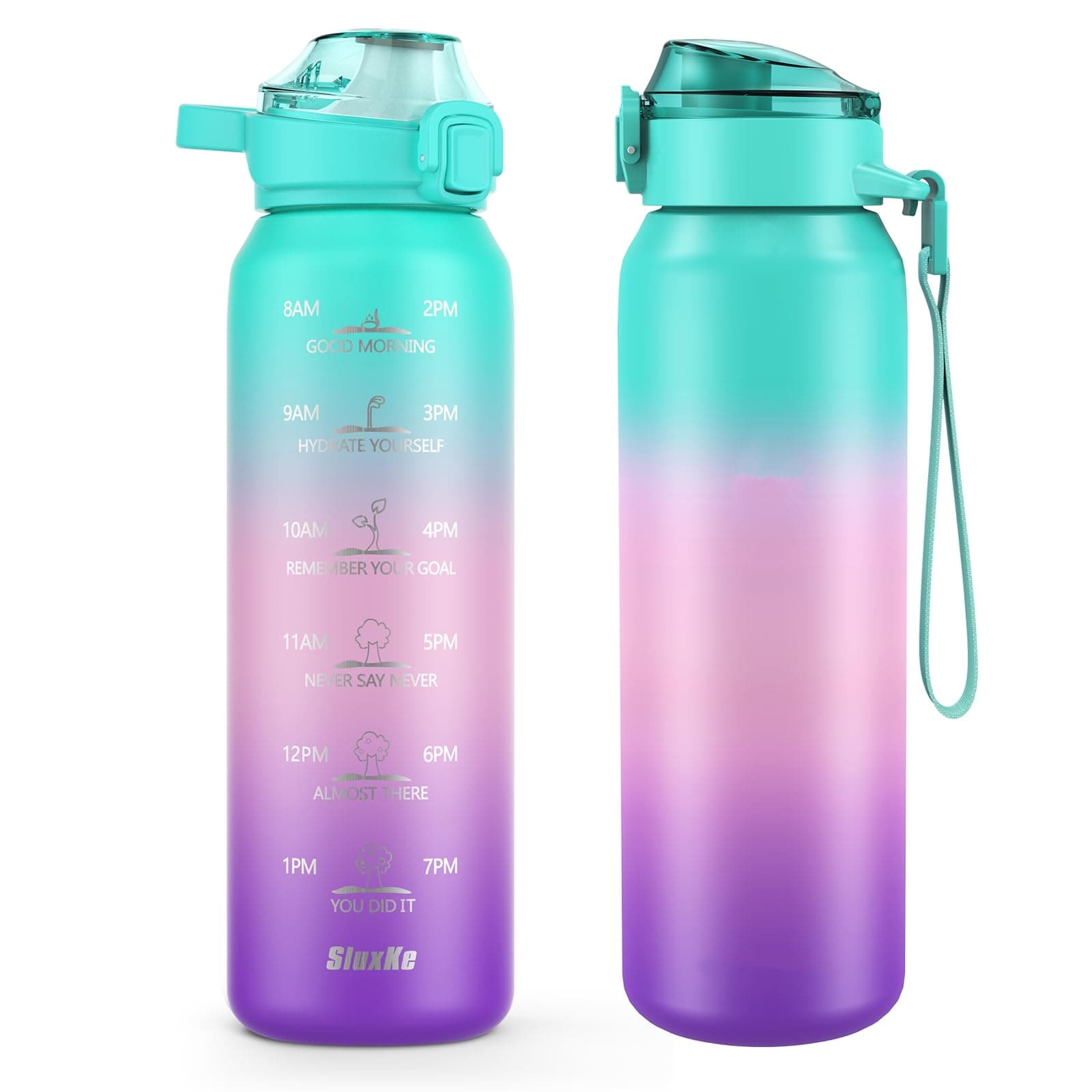 SLUXKE 700ml Wasserflasche mit 2 Deckeln (Strohhalm und Ausgießer), Flasche aus 18/10 Edelstahl mit Griff, 700ml vakuumisolierte Flasche für Männer, Frauen, Kinder GRÜN PINK PURPEL 700 ml Grün Rosa Lila