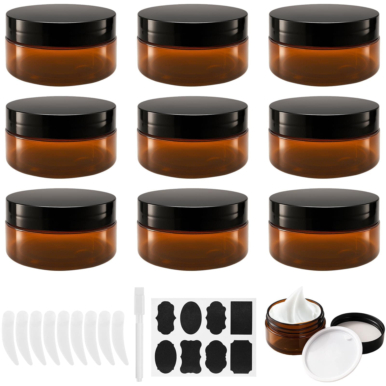 Ysimple 9 Stück Creme Behälter 80ml, Braun Kunststoff Cremedosen zum Befüllen, Leere Salbentiegel mit Deckel und Liner, Kleine Salbendosen mit Kratzlöffel/Aufkleber, für Kosmetik, Lotion, Cremes 9Pcs-80ml
