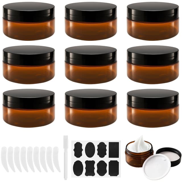 Ysimple 9 Stück Creme Behälter 80ml, Braun Kunststoff Cremedosen zum Befüllen, Leere Salbentiegel mit Deckel und Liner, Kleine Salbendosen mit Kratzlöffel/Aufkleber, für Kosmetik, Lotion, Cremes 9Pcs-80ml