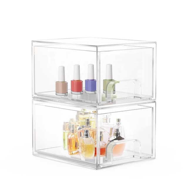 2 Stück Badschrank Organizer Box, Stackable Acryl Aufbewahrungsbox Schublade mit 16 rutschfeste Matte und Haltbarkeit, Organisationsboxen für Schlafzimmer Spülbecken Schreibtisch Badschrank Organizer Durchsichtig