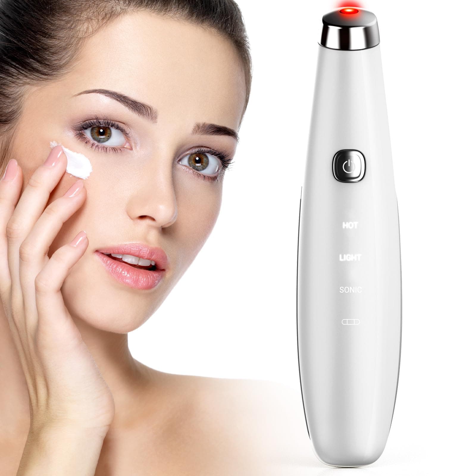 TOUCHBeauty Ultraschall Augenmassagegerät mit Wärmefunktion, Rot LED Lichttherapiegerät Augencreme Booster Augenring Tränensäcke Entferner USB-Wiederaufladbare Anti Aging Massagegerät Faltenentferner