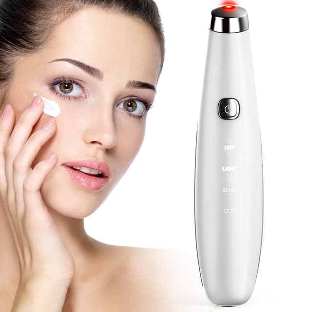 TOUCHBeauty Ultraschall Augenmassagegerät mit Wärmefunktion, Rot LED Lichttherapiegerät Augencreme Booster Augenring Tränensäcke Entferner USB-Wiederaufladbare Anti Aging Massagegerät Faltenentferner