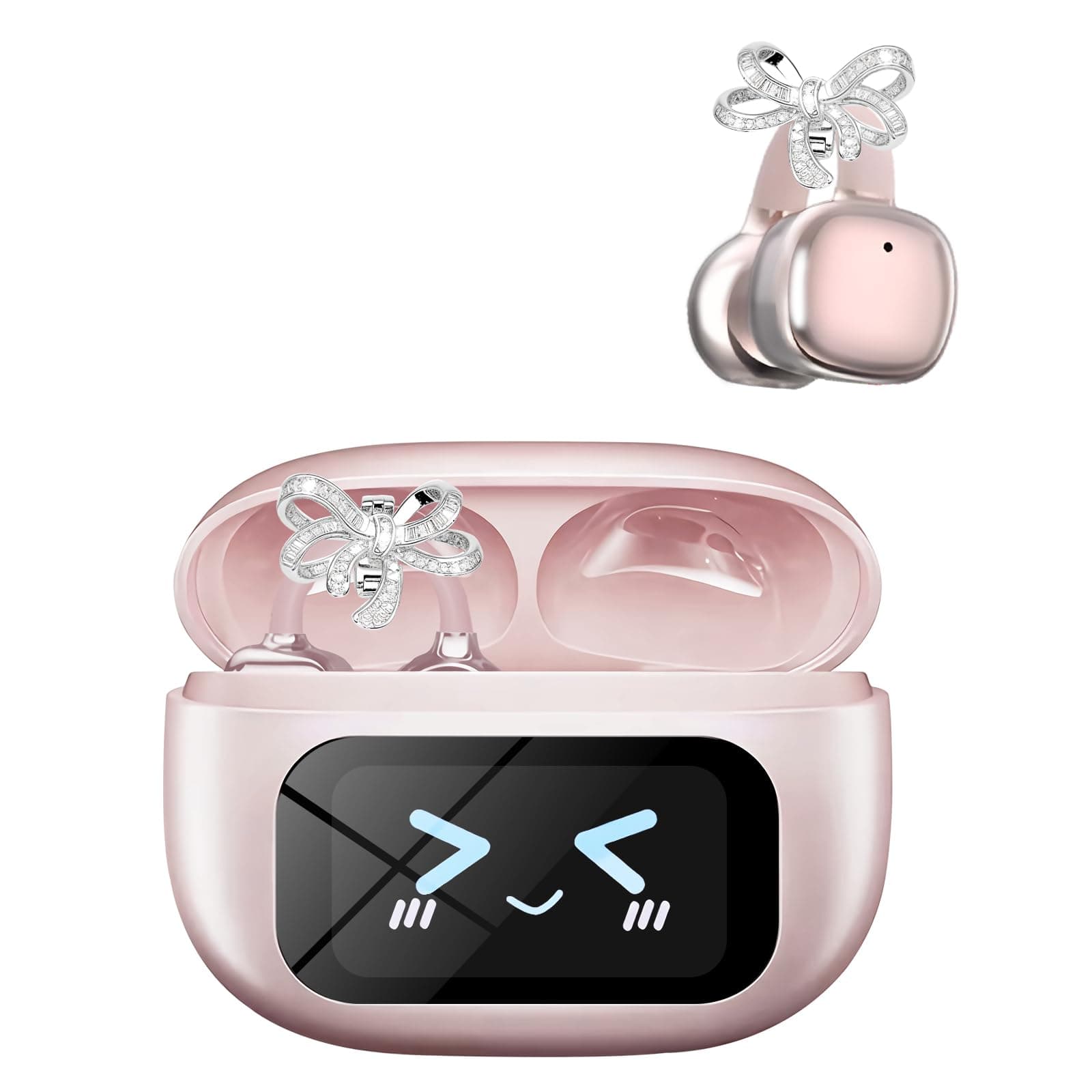 Open Ear Kopfhörer, Open-Ear-Clip Kabellose Kopfhörer mit Intelligenter Touchscreen, Bluetooth 5.4 Clip On Kopfhörer, 3,7g Buds, Geräuschunterdrückung bei Anrufen, 65 Std Laufzeit,IPX5 (Roségold)