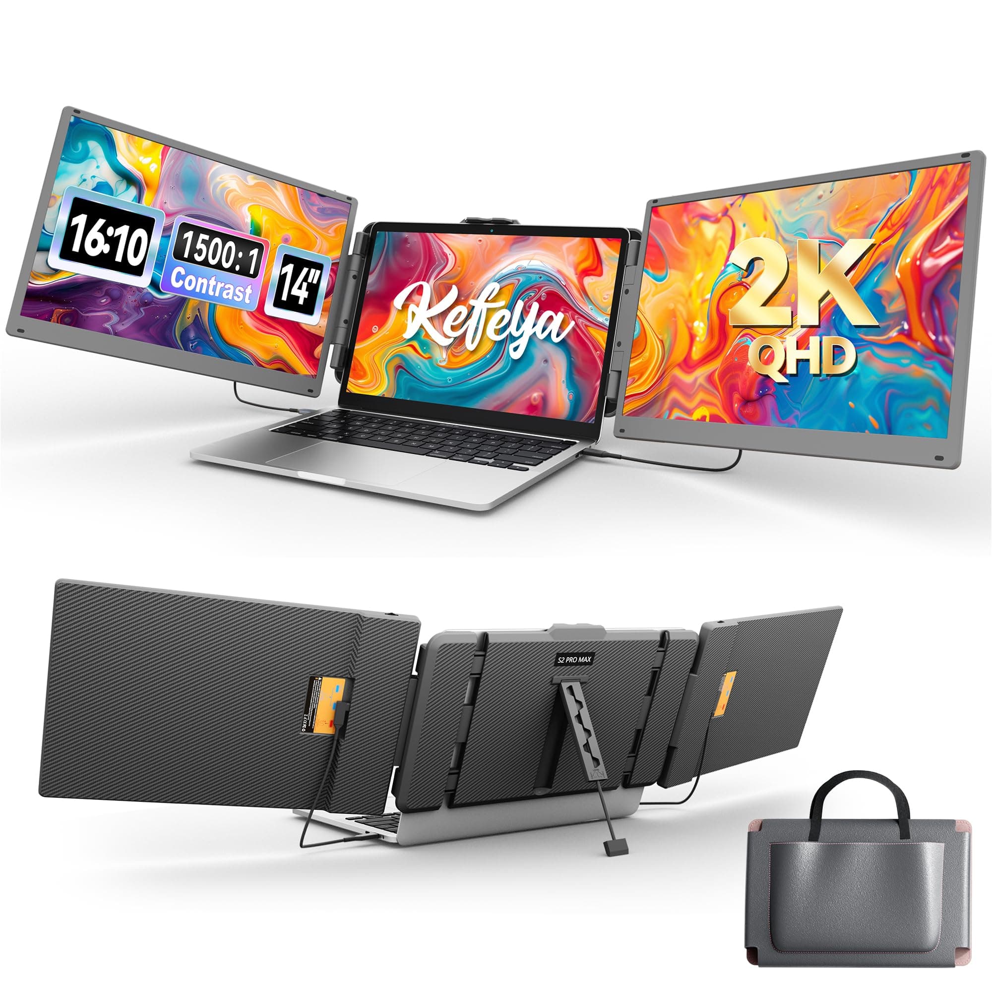 KEFEYA 2K Laptop Bildschirm Erweiterung 2160 x 1440P FHD, 14'' Laptop Monitor Erweiterung HDMI/USB-A/Type-C Triple Portable Monitor für Laptop Kompatibel 13"-17,3" Mac Window Chrome Tri 14"
