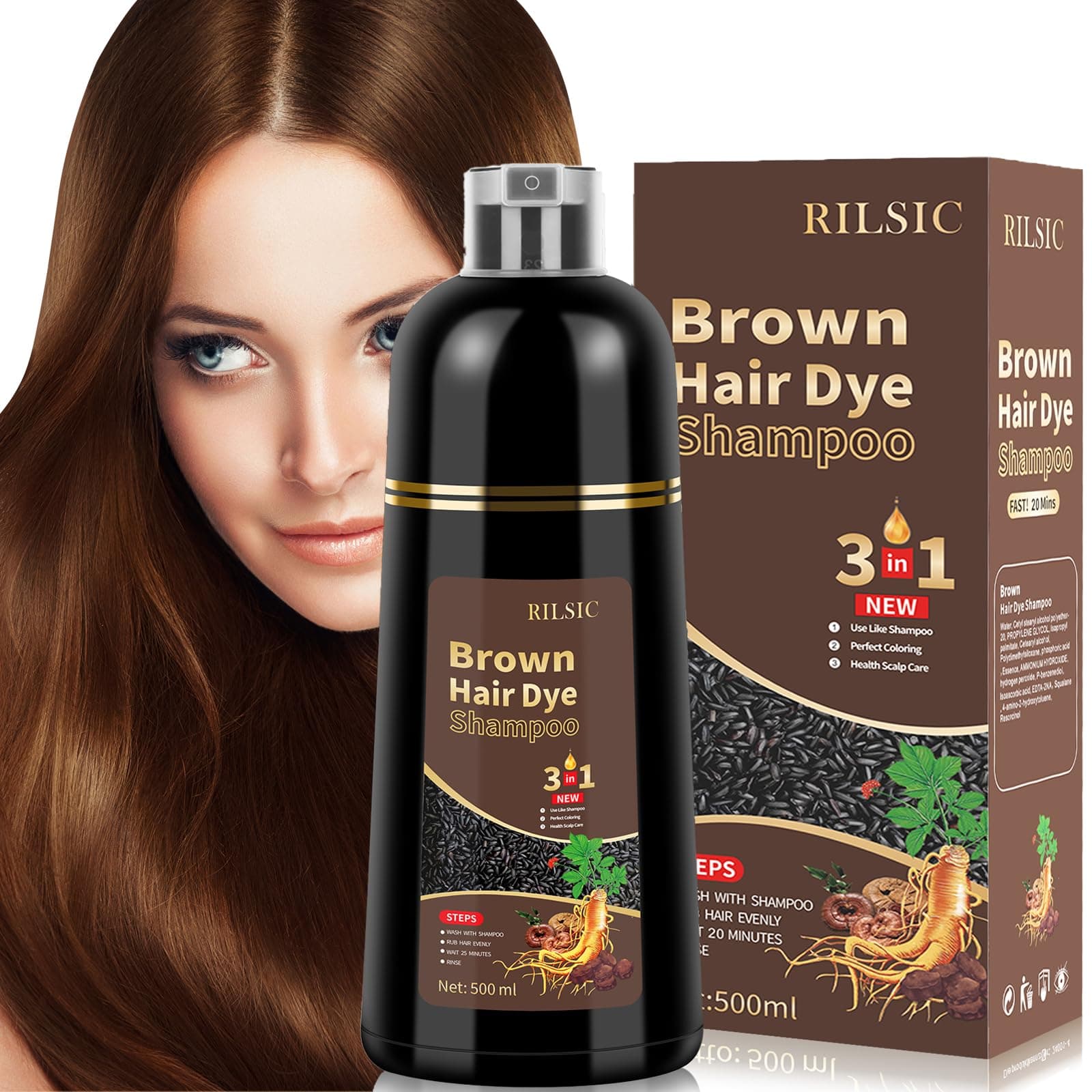 GFEUGS Haarfarbe Braun Haarfärbeshampoo, 500ML Hair Dye Shampoo 3in1 Gegen Graue Haare, Hair Color Shampoo Sofort Haarfarbe Shampoo Tönungsshampoo, Farbshampoo Haartönung für Männer Frauen (Braun)