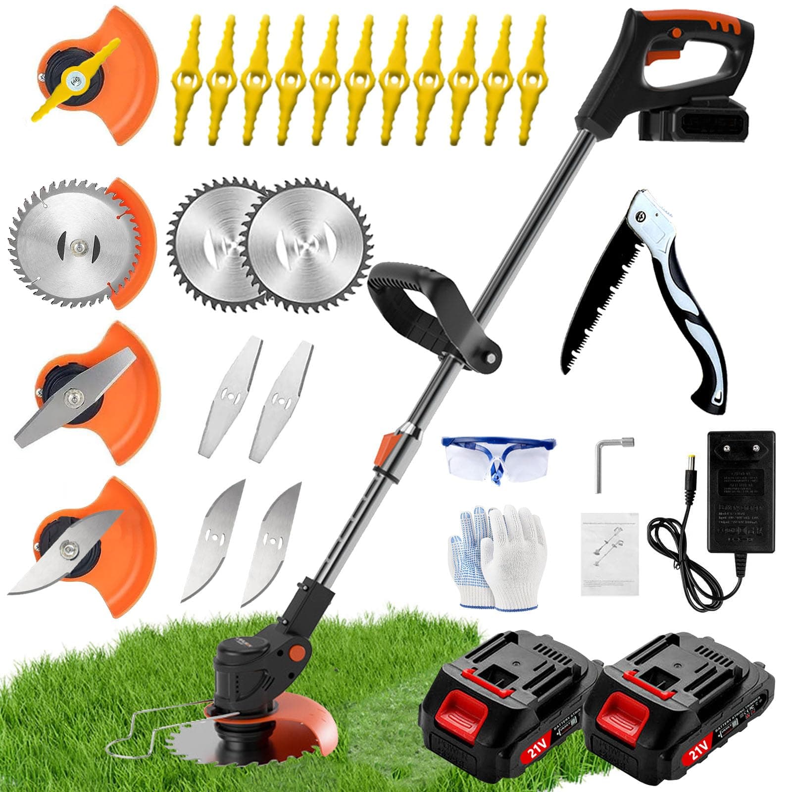 Rasentrimmer Mit Akku, Freischneider Akku, Akku-Rasentrimmer mit 2 X 21V 2000 mAh Akkus und Ladegerät, Rasentrimmer mit 3 Verschiedenen Klingen, Einstellbare Länge für Gärten, Rasenflächen, Büsche Schwarz