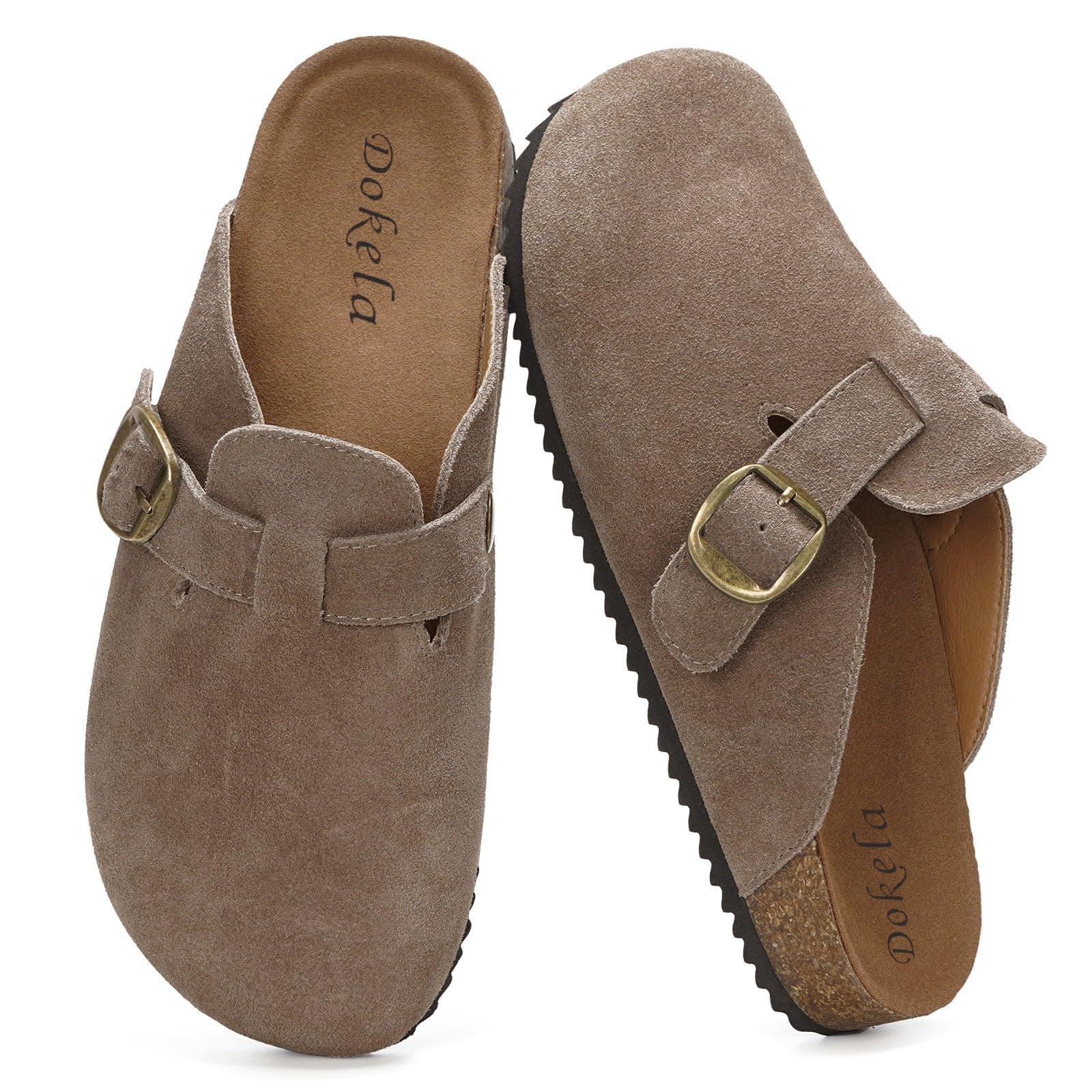 Dokela Clogs Pantoletten Herren Damen Leder Hausschuhe Kork-Fußbett Mules Bequeme Latschen Classic Geschlossene Schlappen 48 EU Dunkelbraun