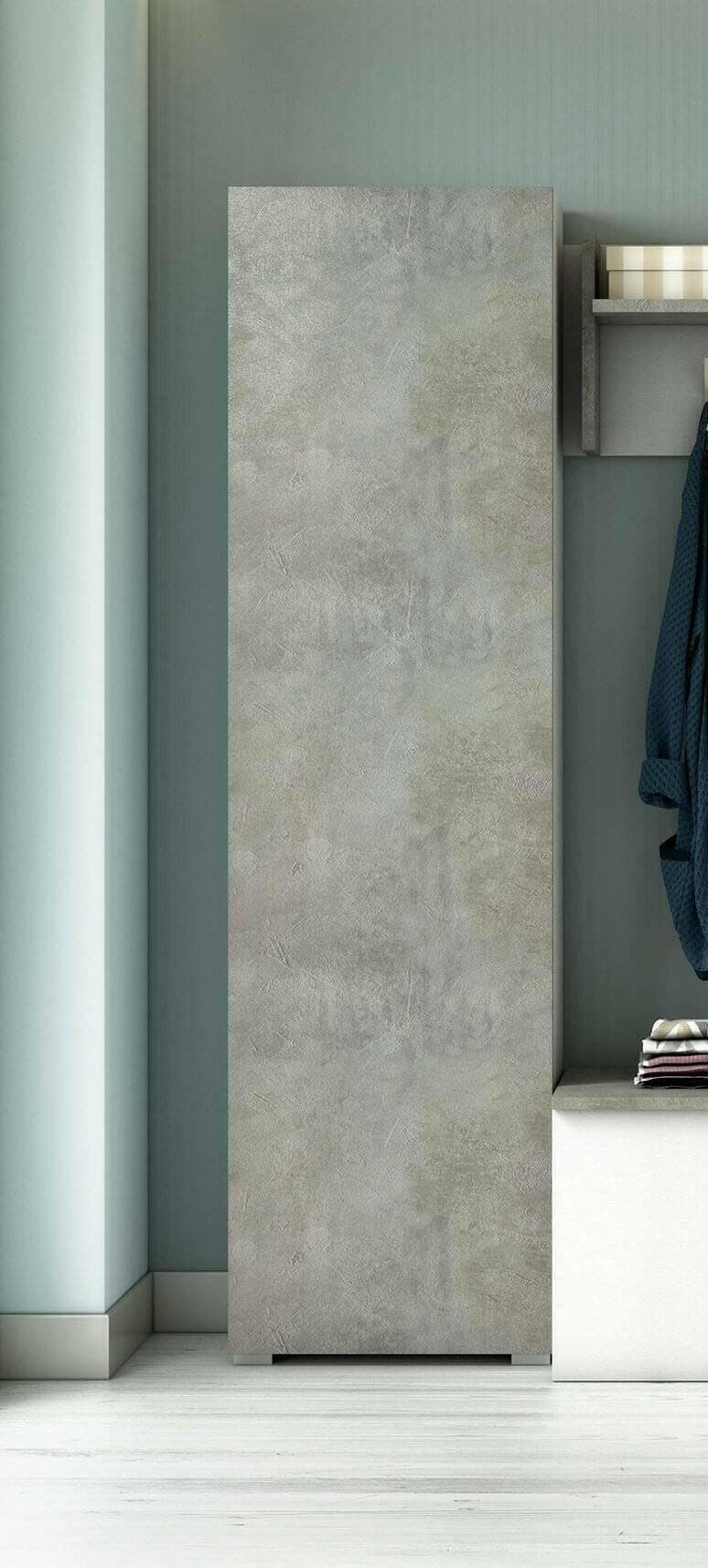 Dmora - Mehrzweckschrank 1 Tür Fiordaliso, linearer Schrank mit 1 Tür und 7 Regalen, Säule für Eingang oder Badezimmer, modernes Schuhregal, 100 % Made in Italy, 50 x 30 x 182 cm, Zement und Weiß Bianco E Cemento