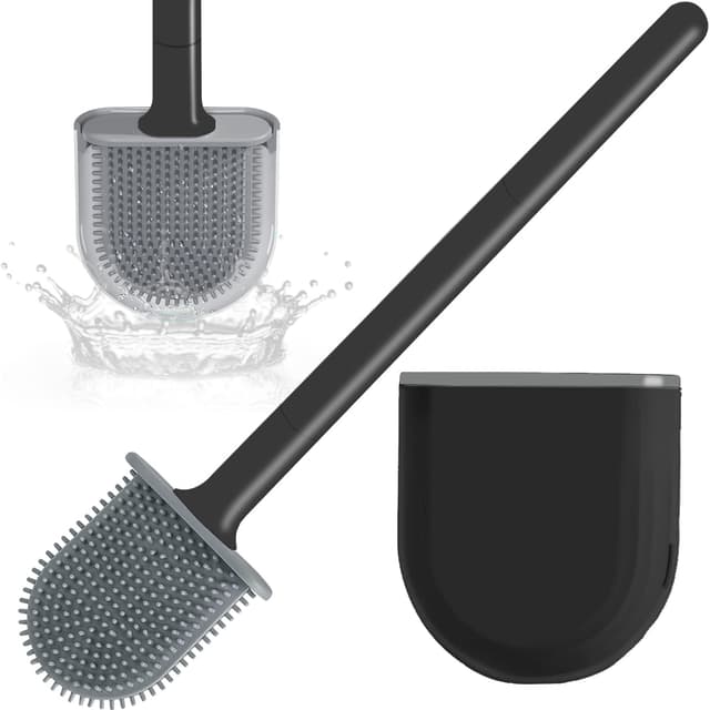 Drenky Klobürste Schwarz,Toilettenbürste Mit Halter Wandmontage TPR Gummi Flexibel WC Bürste Mit Langem, Rutschfestem Griff Und Anti-tropf-Boden für Badezimmer-Toiletten