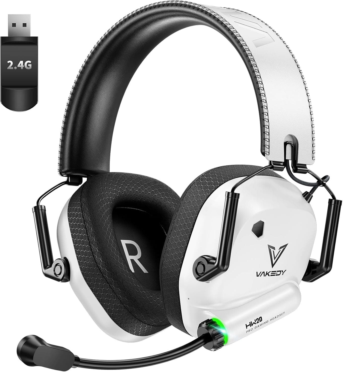 Vakedy Headset Wireless für PC, PS4, PS5, Mac, Switch, 2,4GHz USB Headset mit Mikrofon, Bluetooth Headset, 50mm Treiber, 50 Stunden Akkulaufzeit, Niedrige Latenz, Leicht (Weiß)