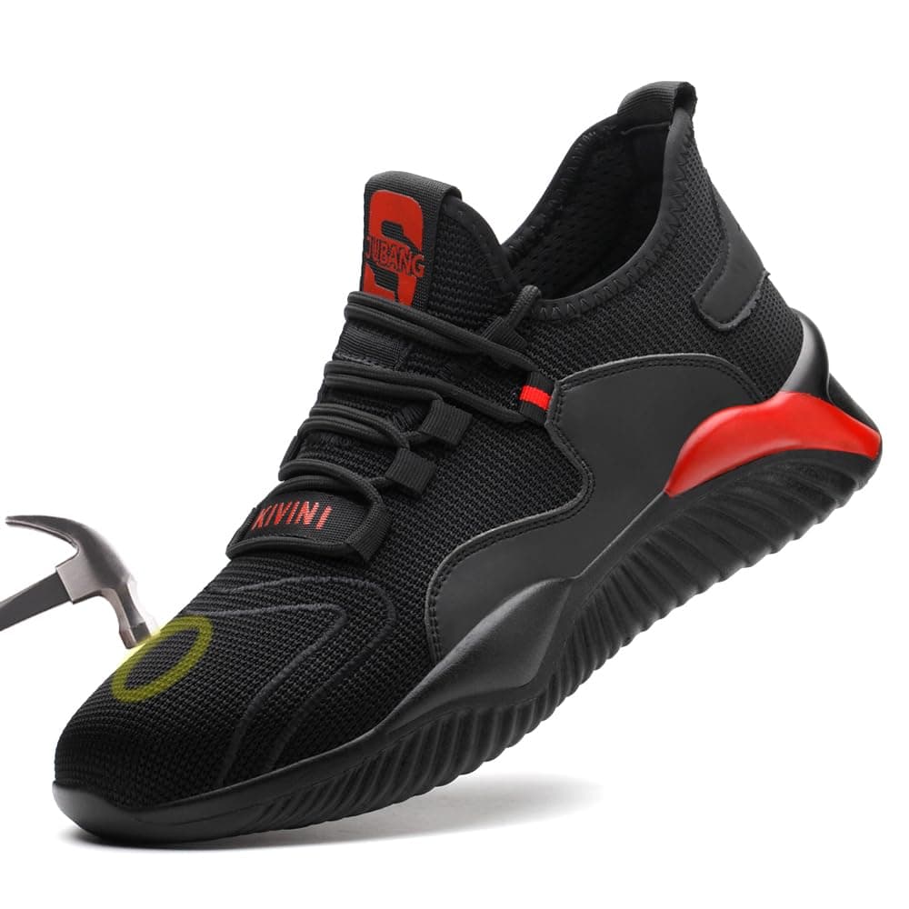 Woflebel Sicherheitsschuhe Arbeitsschuhe Herren Damen Stahlkappe Schutzschuhe Sneaker Atmungsaktiv 36-46 45 EU Schwarz Rot