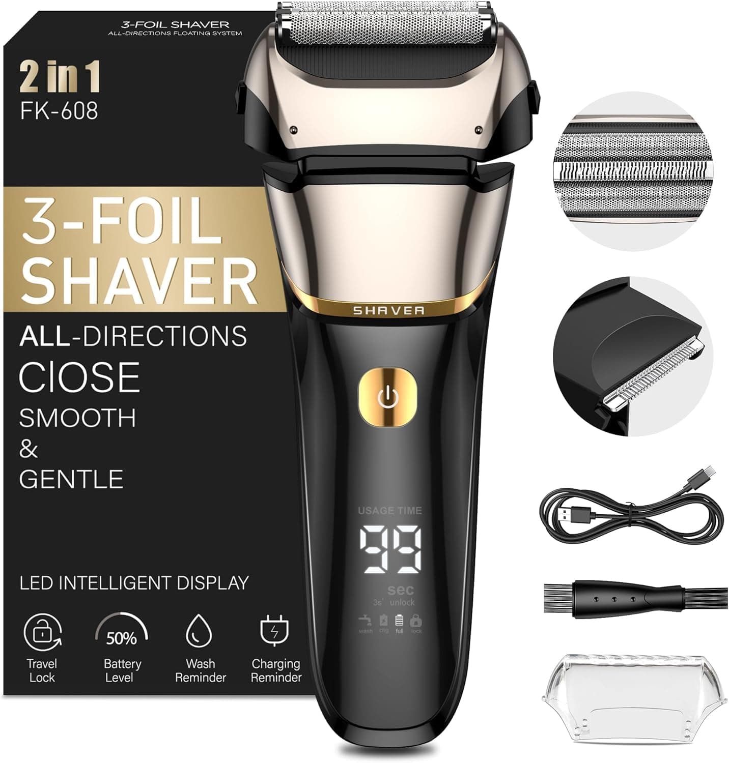 Folienrasierer Herren,2 in 1 Rasierer Herren Elektrisch Wiederaufladbarer USB Rasierapparat Herren Nassrasierer & Trockenrasierer Elektrorasierer Herren 100 Min Laufzeit,Zero Gap Skin,IPX7,Reisesperre Schwarz