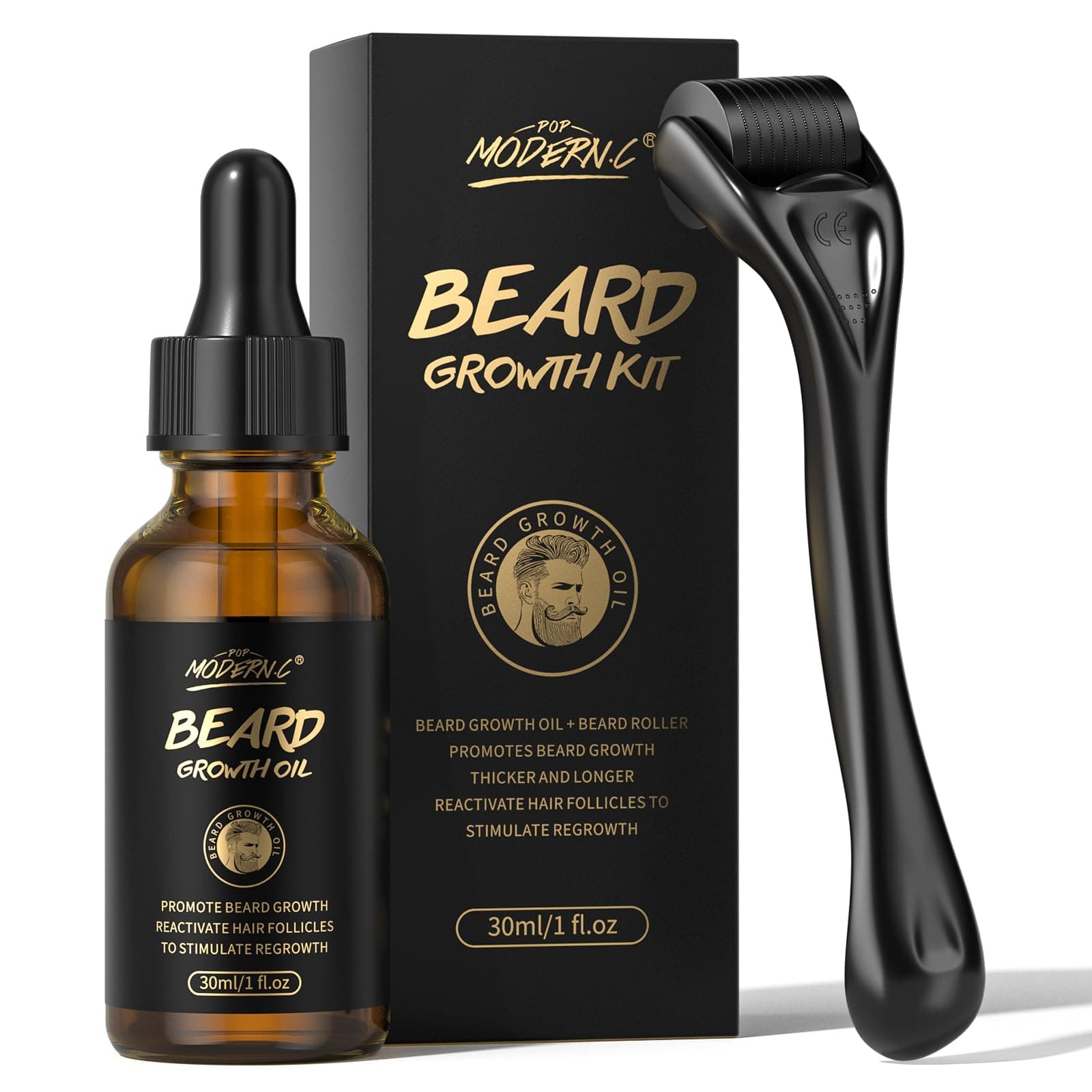 Bartwachstums-Set – Biotin-Bartwachstumsöl mit Roller zur Förderung des Haarwuchses – Bartserum zur Gesichtshaarbehandlung, männlich, dick, 1 Fl Oz