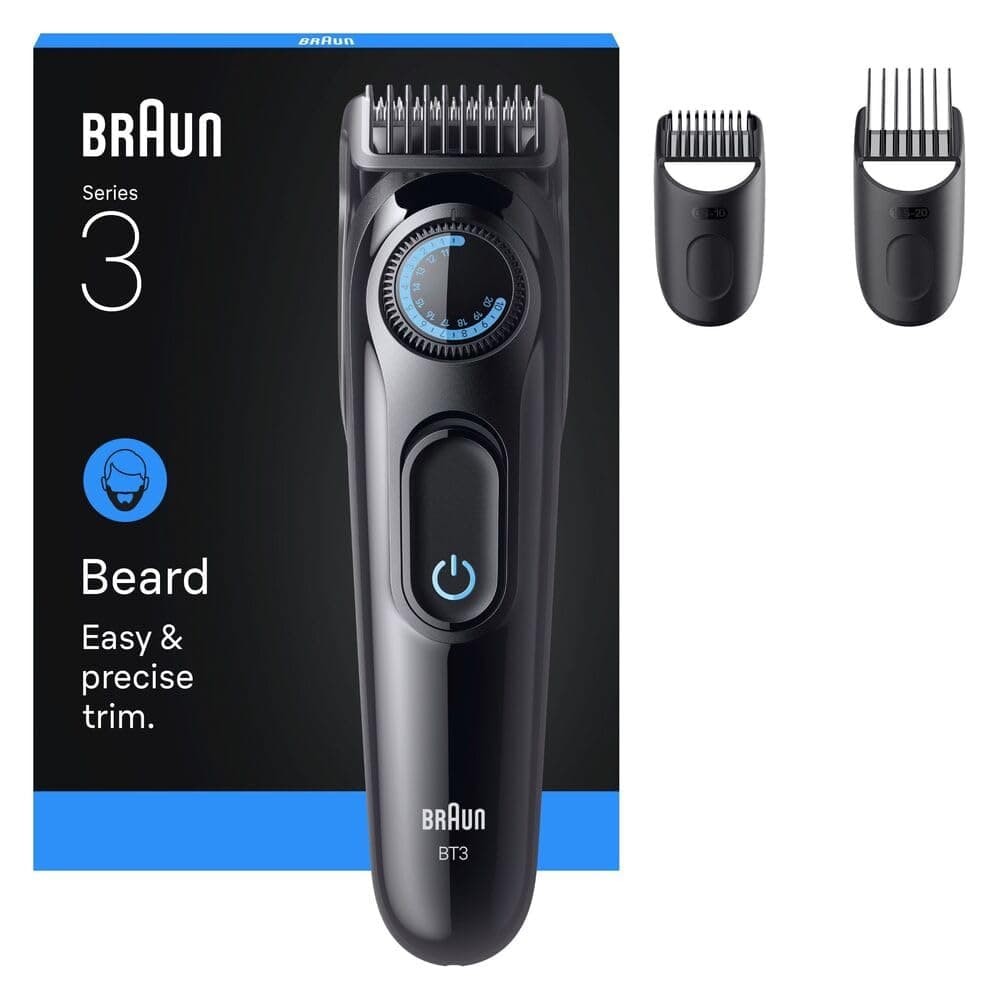 Braun Barttrimmer Series 3, Elektrischer Bartschneider Herren mit 3 Zubehörteile, Ultrascharfe ProBlade Klinge, 50 Min Akkulaufzeit, Kabelloser Bartrasierer, 40 Längen, Wasserdicht, BT3520, Schwarz