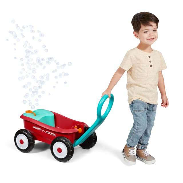Radio Flyer Bubble Buddy Walker Wagon, Seifenblasenmaschine für Kinder, roter Baby-Lauflernwagen mit Rädern für Kinder im Alter von 1 bis 4 Jahren