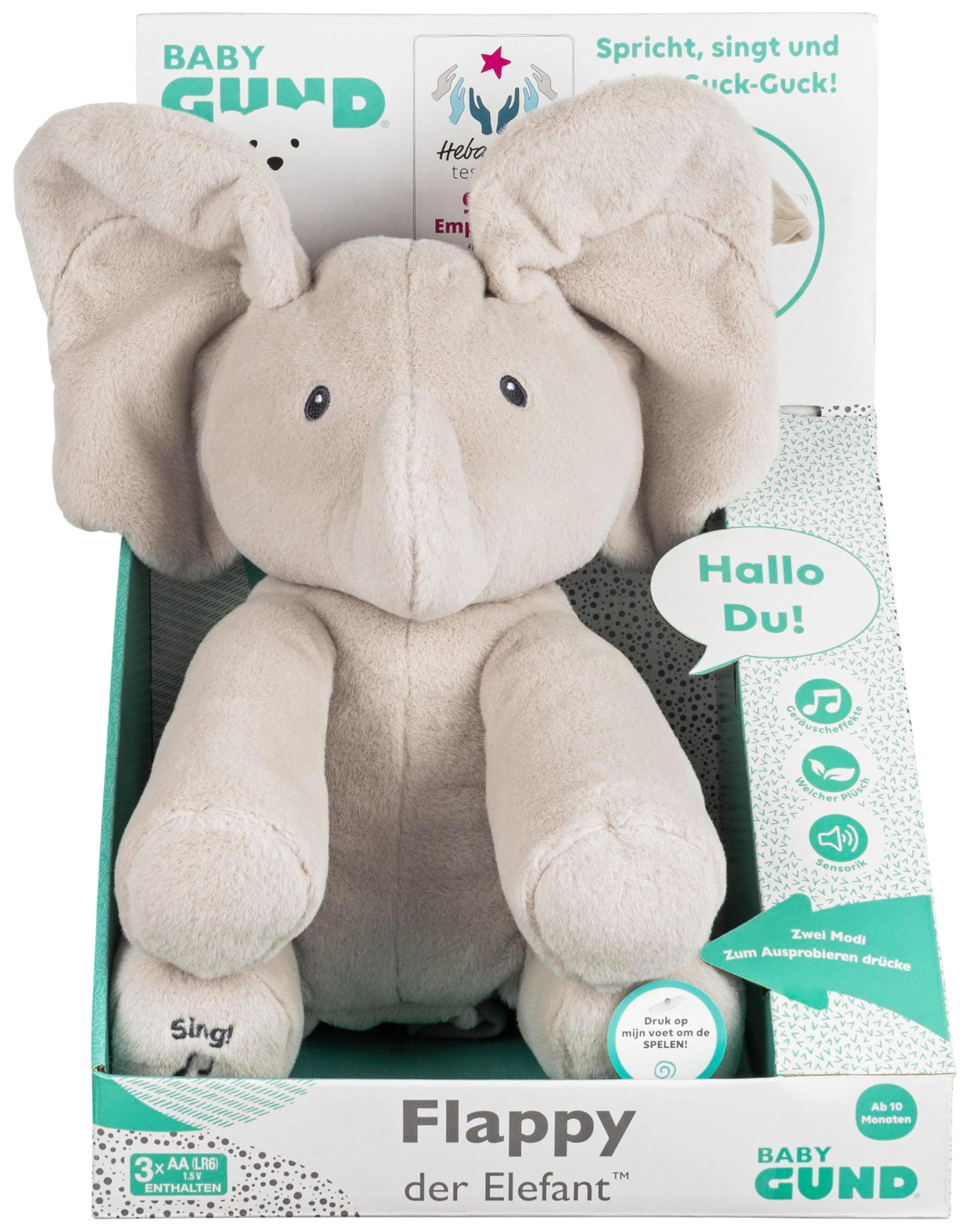 GUND Flappy, der singende und sprechende Elefant spielt Guck-Guck mit den Ohren - deutsch, ca. 30 cm, ab 10 Monaten