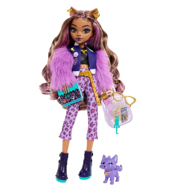 Monster High Clawdeen Wolf-Puppe mit Hund Crescent und Accessoires wie Rucksack, Kalender, Snacks und mehr, HRP65