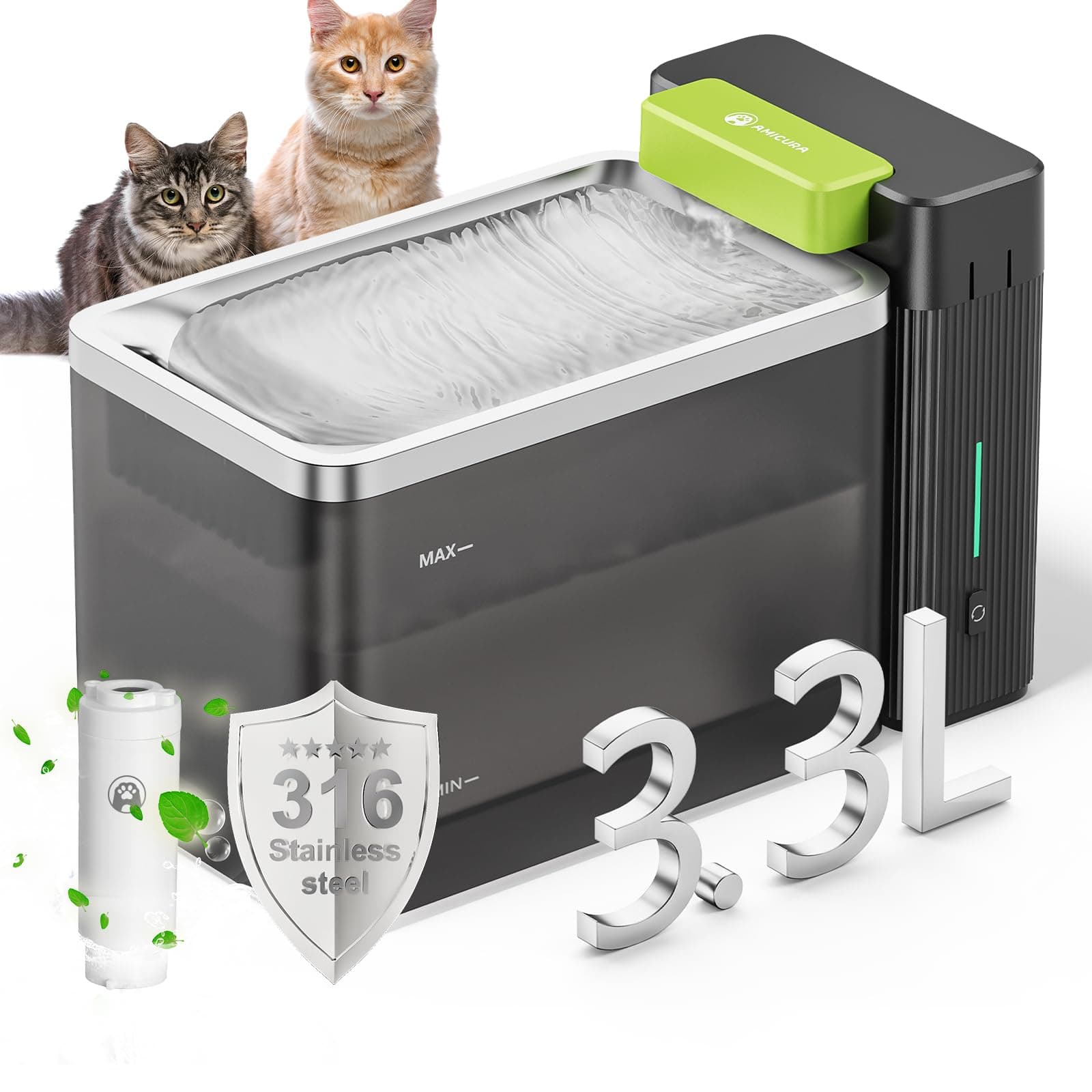 Amicura A3 Lite Trinkbrunnen für Katze mit Ultrafiltration - 3,3L Großer Tank, SUS316 Edelstahl-Trinkschale, Leise (≤25dB), 100% Wasserdicht Und Stromsicher für Sauberes Trinkwasser (Schwarz) A3Lite-Schwarz