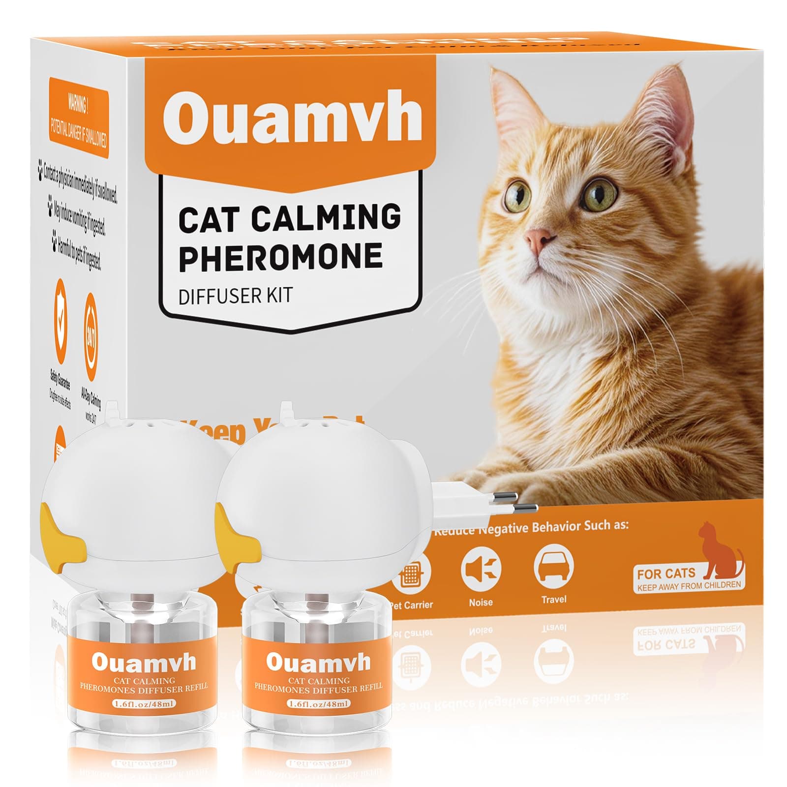 Crenze Pheromone Katzen Beruhigung Steckdose Entspannende Naturpheromone Lindern Stress Ängste bei Katzen Reduzieren Kratzverhalten Set mit 2 Steckdosen-Diffusoren 2 Nachfüllflaschen (je 48 ml)