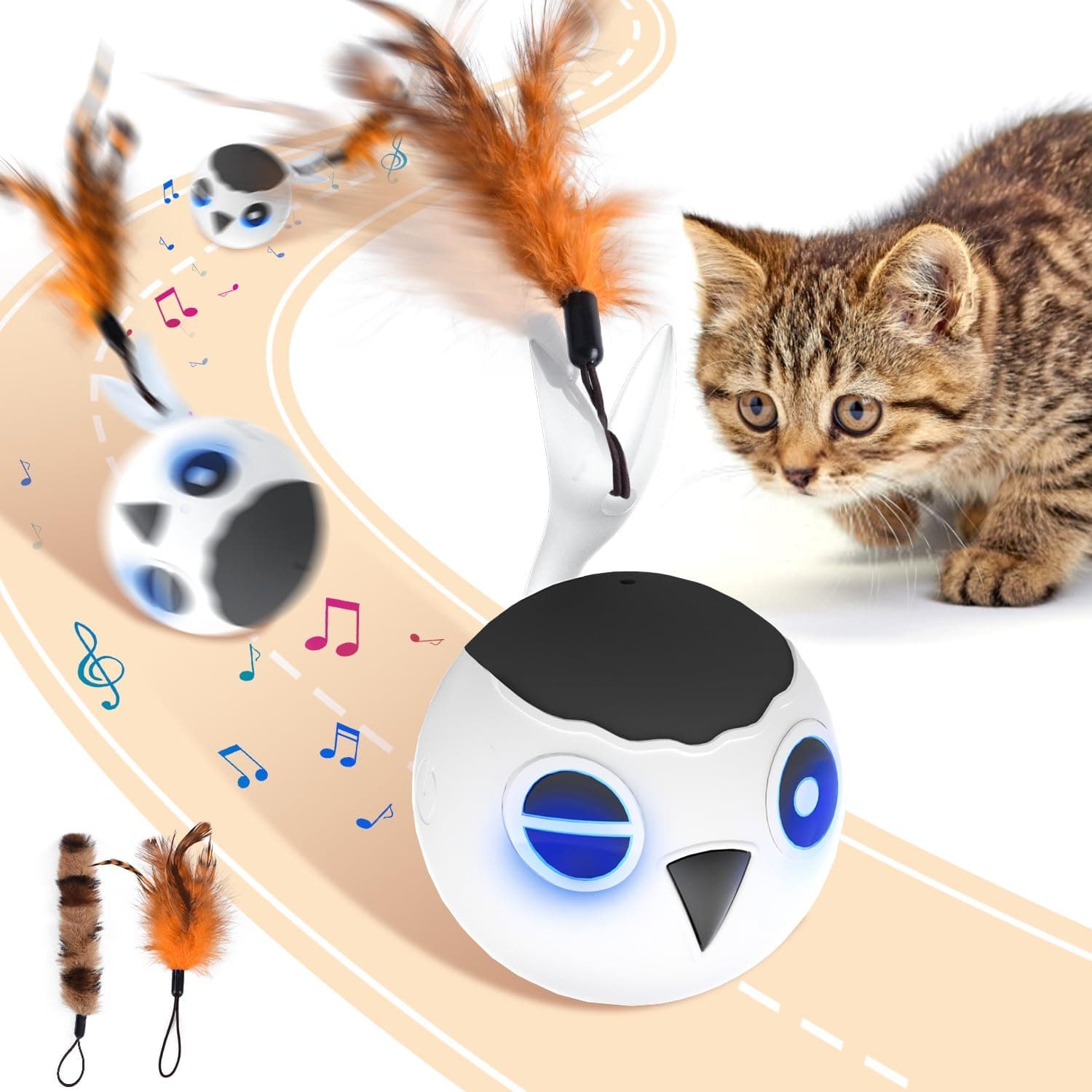 GoldenSun Katzenspielzeug, Interaktiver Katzenspielzeugball für Hauskatzen, Automatisch Beweglicher Ball, Bewegungsaktiviertes, Schnell Bewegliches, Zwitscherndes, Anregendes Licht, 2 Federschwänze A-Weiß