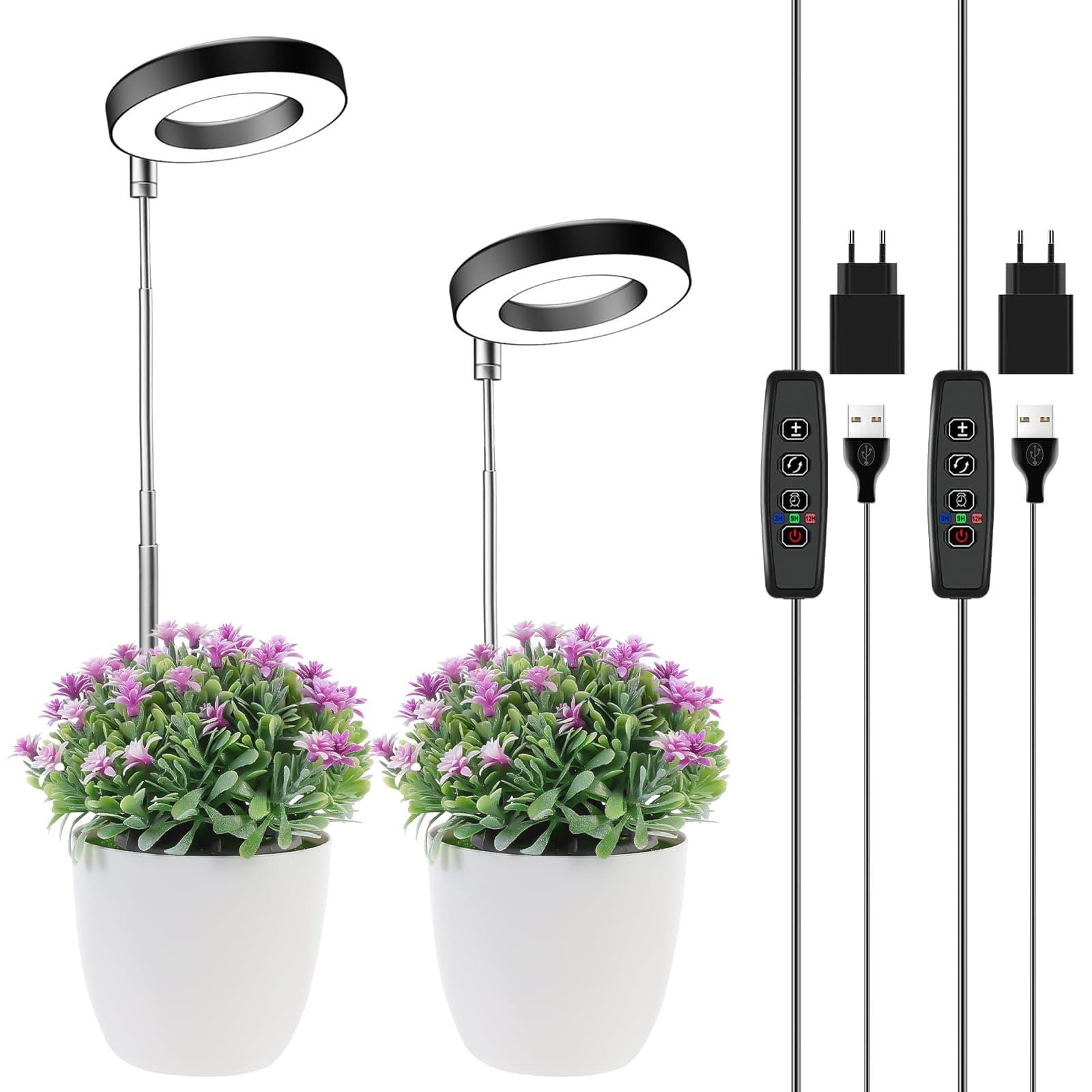 Wiaxulay Pflanzenlampe LED, 48LED Vollspektrum Pflanzenlicht für Zimmerpflanzen, 6.5-26in Höhenverstellbares LED- Pflanzenwachstumslampe mit Zeitschaltuhr 3/9/12 Std, 3 Lichter Modi und 10 Helligkeit 2 Stück (ohne Sockel)