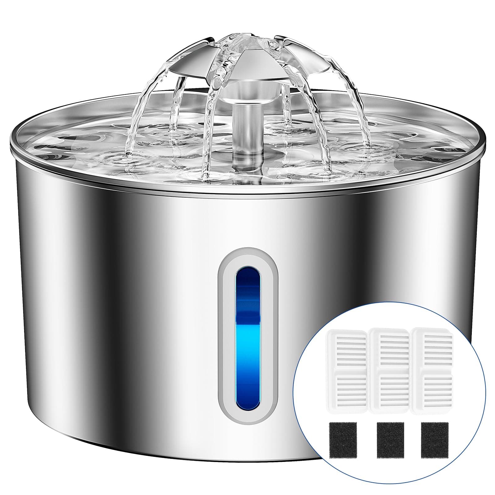 BalimoPet Katzenbrunnen Edelstahl, 2,2L Superleise Trinkbrunnen für Katze mit Kabel, Einfach zu Reinigen, Katzen Trinkbrunnen mit Vierfaches Filtersystem & LED-Licht, mit 3 Aktivkohlefilter Edelstahl-3 Filter + 3 Schwamm