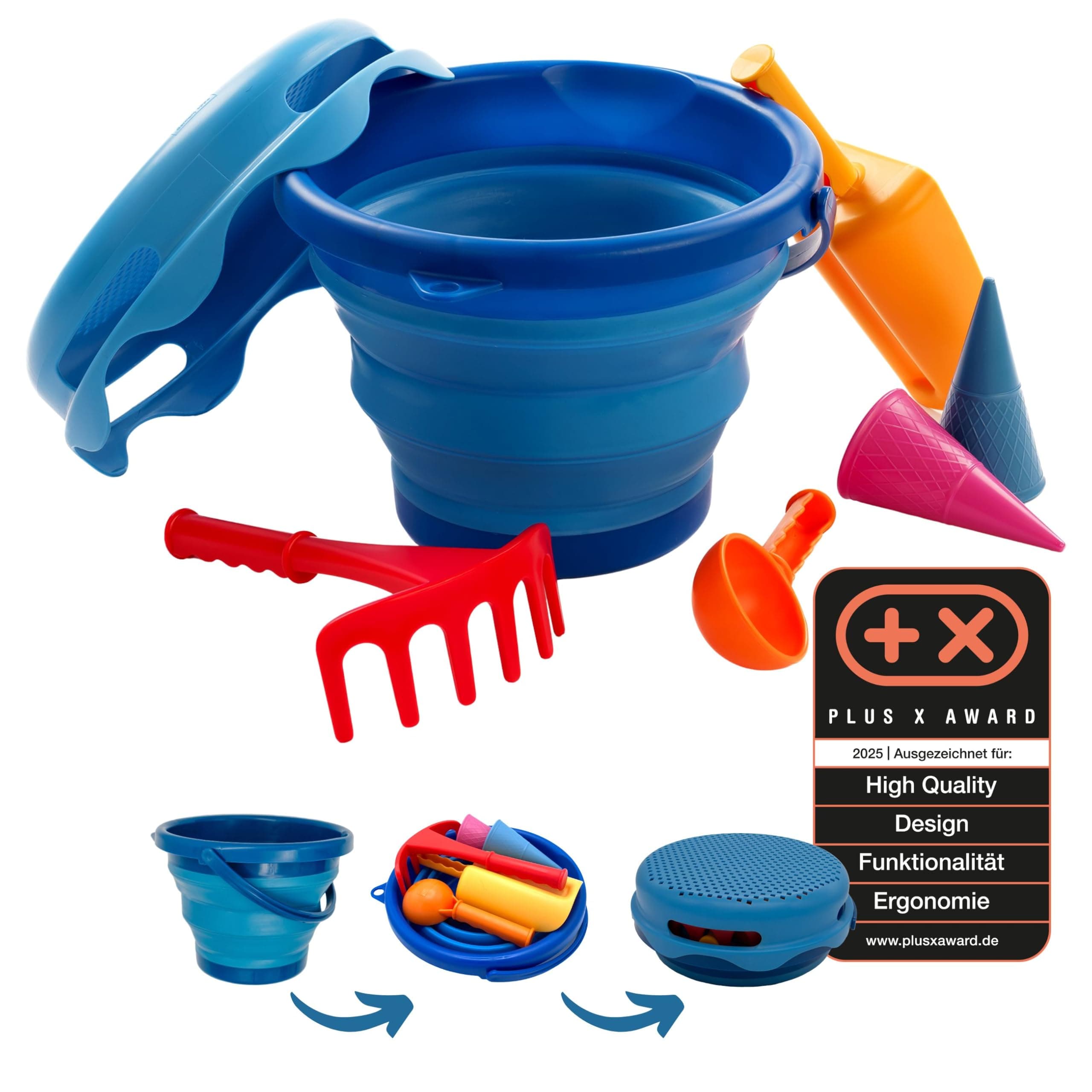 Schildkröt 7in1 Sand Toys Set, innovatives Sand-Spielset im Handtaschenformat, kompakt und platzsparend, Faltbarer 3 Liter Eimer mit 6 Sandspielzeugen zum Graben, Formen, Sieben und Rechen, 970244 Blau Single