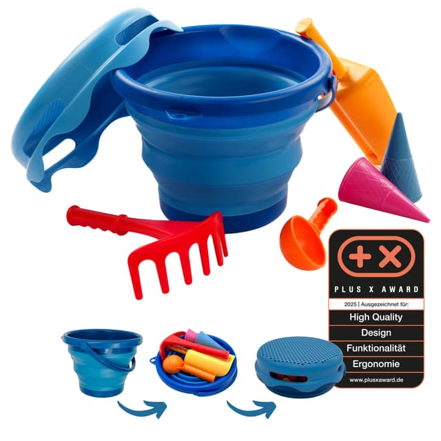 Schildkröt 7in1 Sand Toys Set, innovatives Sand-Spielset im Handtaschenformat, kompakt und platzsparend, Faltbarer 3 Liter Eimer mit 6 Sandspielzeugen zum Graben, Formen, Sieben und Rechen, 970244 Blau Single
