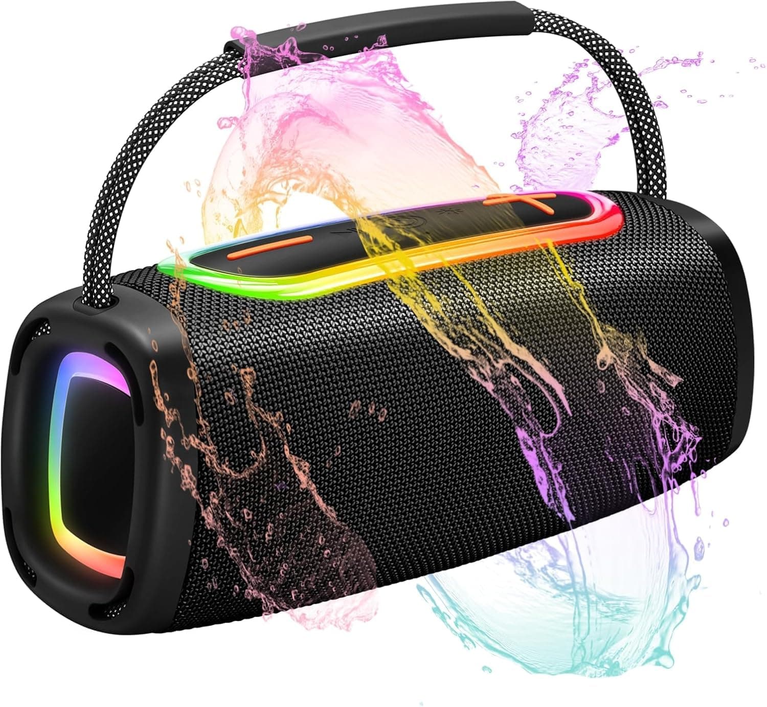 Tragbarer Bluetooth Lautsprecher mit Griff, 66MM Sprecherdurchmesser, BT5.3/24W/IP-X6 Wasserdicht Drahtloser Stereo-Kopplungslautsprecher mit RGB Multi-Color-Rhythmus-Lichter für Zuhause/Outdoor/Party Schwarz