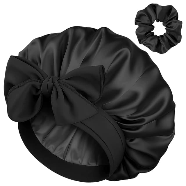 FOLAI 1 Stück Satin zum Schlafen, Satin Hair Haarhaube Damen und Herren, lockende Haarmütze, bandbreite elastische Bande, Atmungsaktive Anpassbare Schlafmütze, Satinhaube Zum Schlafen Bonet(schwarz) style-Schwarz