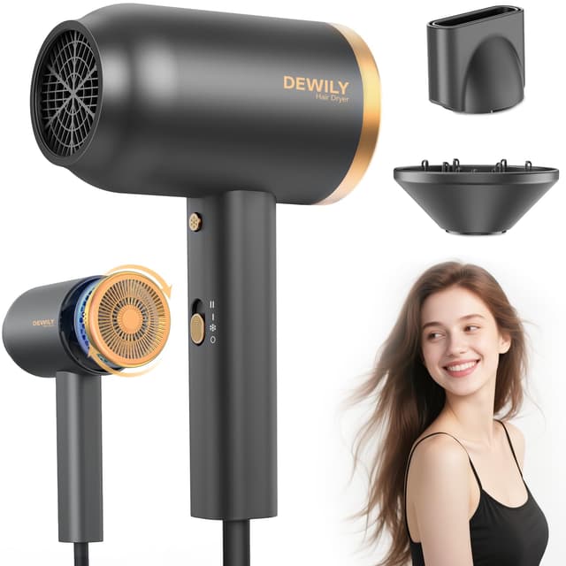 Ionen Föhn mit Diffusor-DEWILY 1800W Schnelltrocknen Fön mit Kalt/Heißtaste, Thermostatischer Diffusor Föhn, 3 Temperaturen, 2 Geschwindigkeiten, Haarfön mit Konzentrator, Locken Fön(Schwarz+Gold)