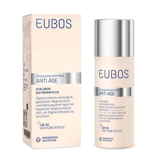 EUBOS ANTI AGE, Hyaluron Day Repair Plus LSF 20, Anti Falten Tagescreme für trockene Haut mit Sonnenschutz, Schutz vor Hautalterung, Hautschädigung, Hautverträglichkeit dermatologisch bestätigt, 50ml Hyaluron Day Repair Plus LSF 20, 50ml