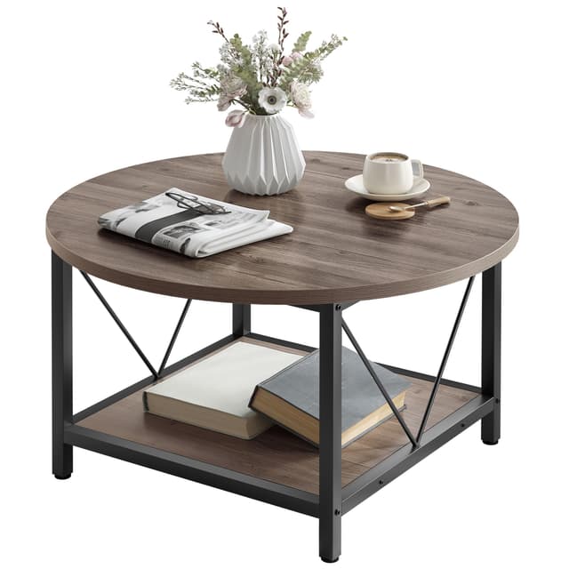 YITAHOME Runder Couchtisch, 80x80x46cm Rustikaler Wohnzimmertisch aus Holz für Wohnzimmer mit Ablage, Moderner Bauernhaus Couchtisch mit Stabilen Metallbeinen, Heimmöbel Grau