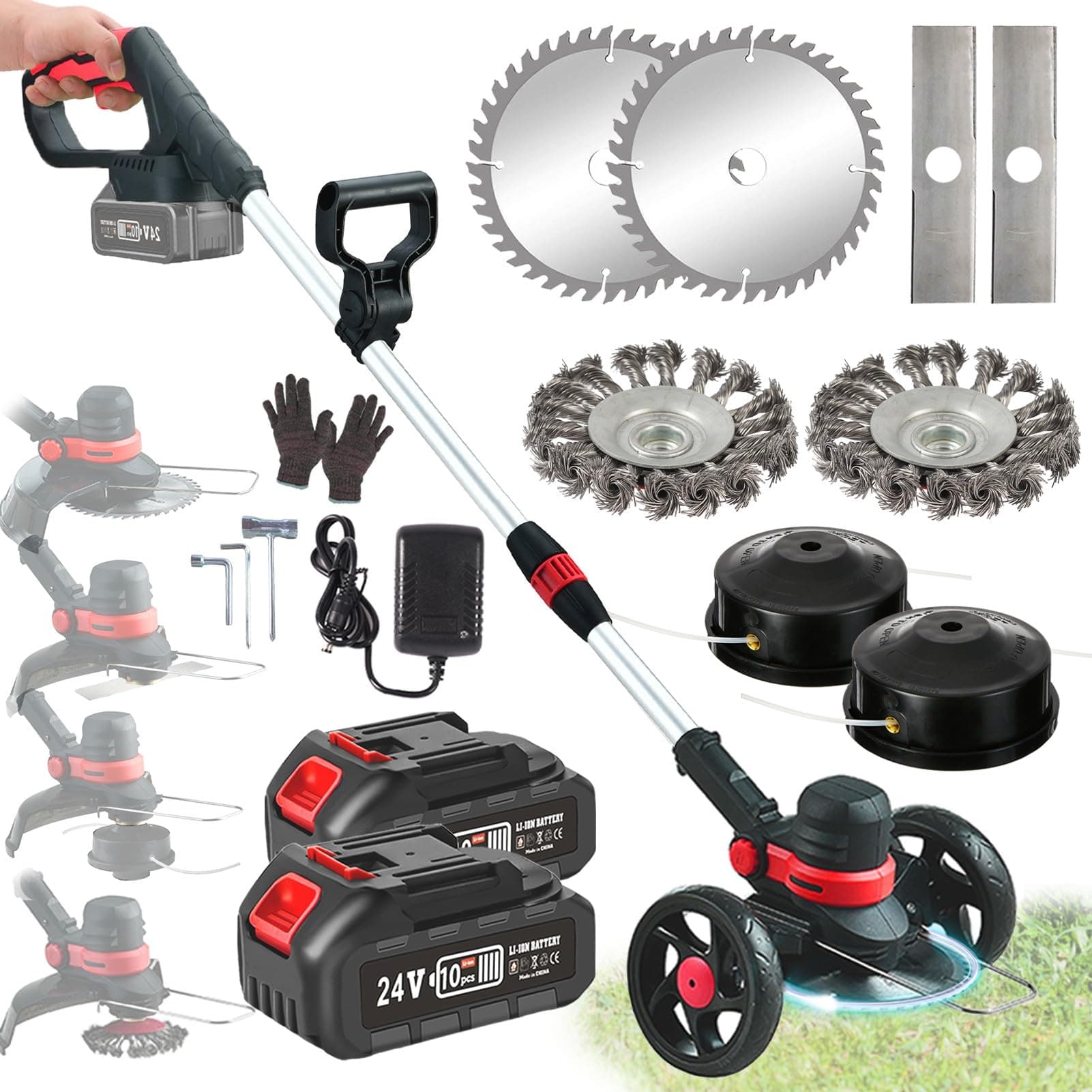 24V Rasentrimmer mit Akku und Unkrautbürste, BRUSHLESS Akku Rasentrimmer für 18V Makita Akku, 4 in 1 Akku Trimmer Messer, 30CM SCHNITTBREITE, 110-160CM Teleskopisch, 2X Akku Freischneider Schwarz