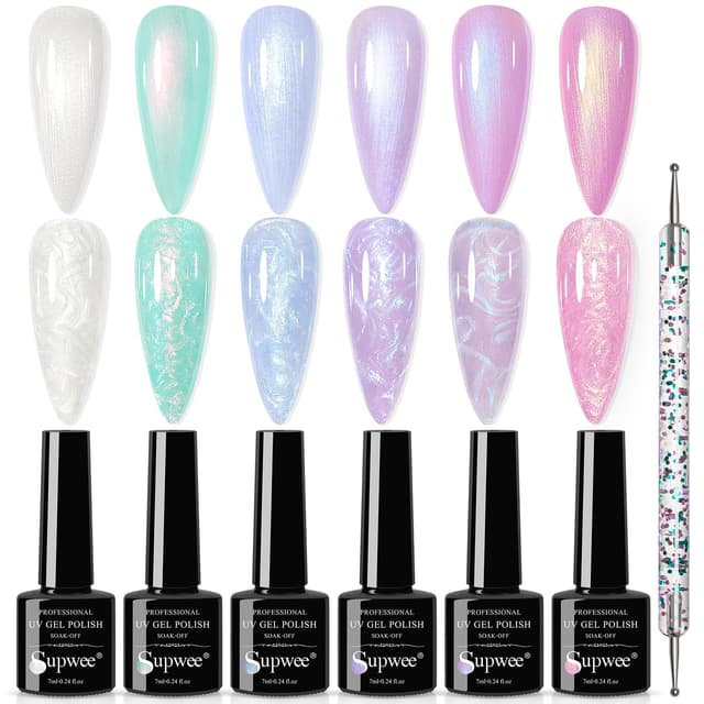 SUPWEE Pearl Gel Nagellack 6 Farben Pearl Shimmer UV Gel Nagellack Set Schimmer Meerjungfrau Effect Glitzer Glänzende Nail-Art-Maniküre 6 Colors Pearl UV Gel-165